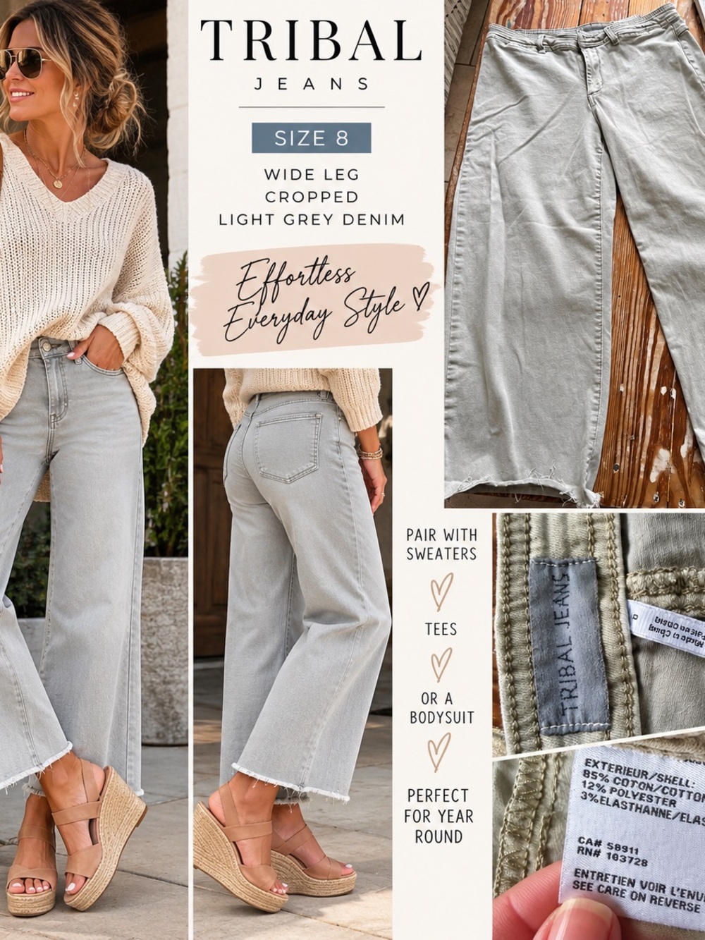 Tribal Light Grey Wide-Leg Cropped Jeans